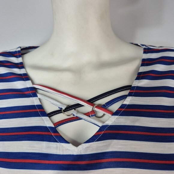 Allison Daley Women's Top Blouse Size 2X Stripe White Blue Red Short Sleeve (04) - Picture 4 of 10